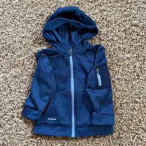 Blue hooded full zip DriWorks sweatshirt.